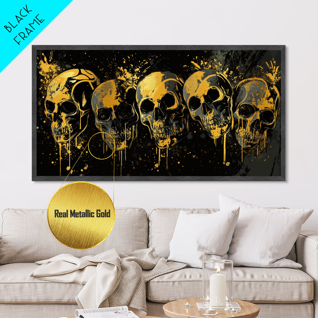 Dark Skull Mask Metallic Gold Metal Print, Splatter Gothic Art On Metal, Real Wood Frame Wall Décor, Macabre Dramatic Wall Artwork