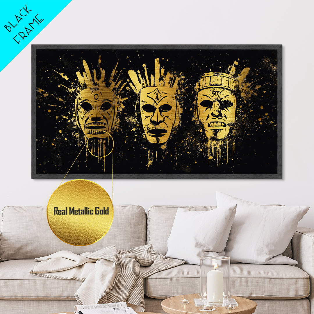 Mystical Sacred Mask Metallic Gold Art, Ornate Splatter Mask Metal Print, Real Wood Frame Wall Décor, Spiritual Bold Statement Artwork