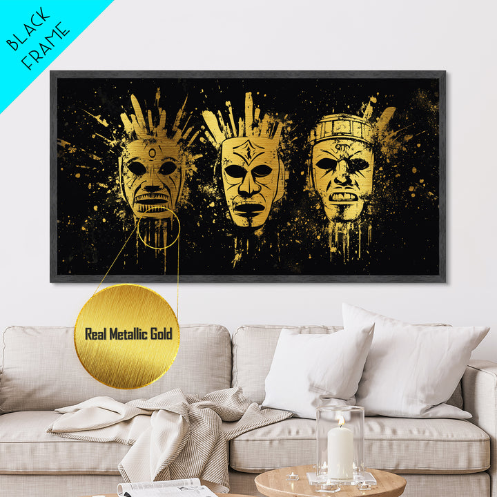 Mystical Sacred Mask Metallic Gold Art, Ornate Splatter Mask Metal Print, Real Wood Frame Wall Décor, Spiritual Bold Statement Artwork