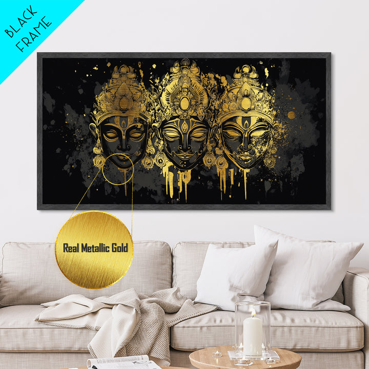 Ornate Demon Mask Metallic Gold Metal Print, Splatter Tribal Art On Metal, Real Wood Frame Wall Décor, Fierce Gothic Statement Artwork
