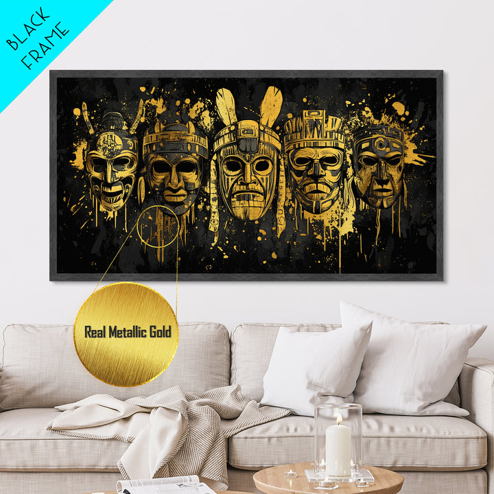 Mythical Demon Mask Metallic Gold Art, Splatter Fierce Mask Metal Print, Real Wood Frame Wall Décor, Bold Dramatic Statement Artwork