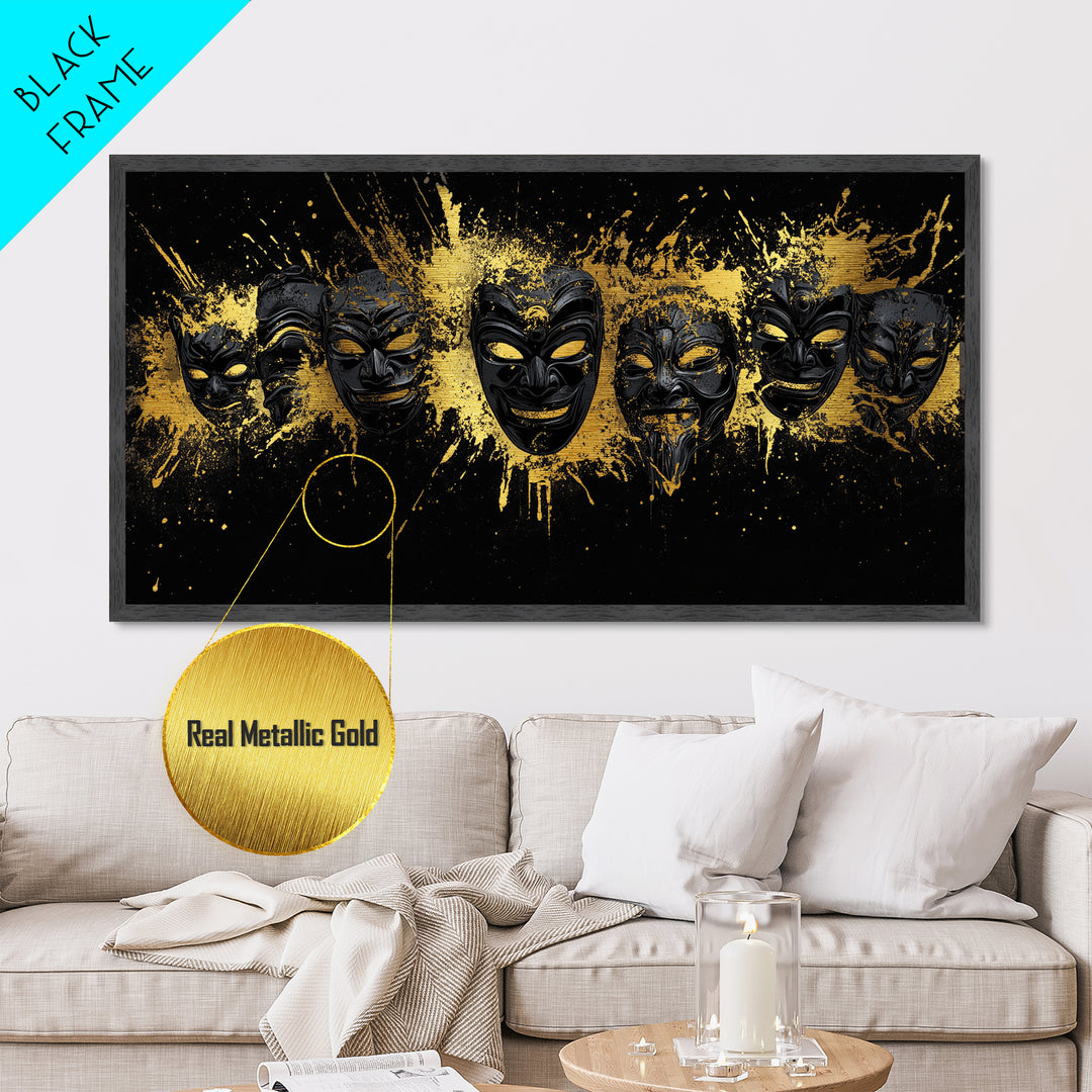 Fiery Demon Mask Metallic Gold Metal Print, Ornate Splatter Mask Art On Metal, Real Wood Frame Wall Décor, Bold Cultural Wall Artwork