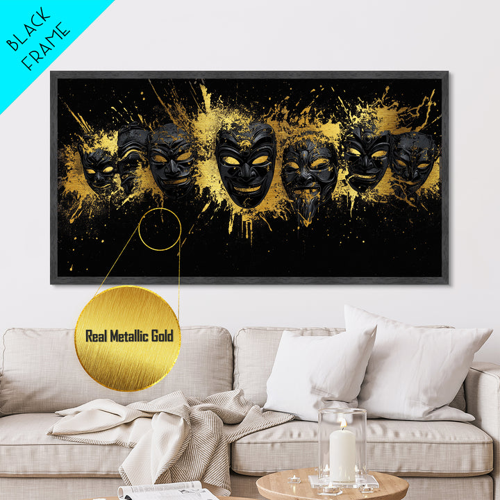 Fiery Demon Mask Metallic Gold Metal Print, Ornate Splatter Mask Art On Metal, Real Wood Frame Wall Décor, Bold Cultural Wall Artwork