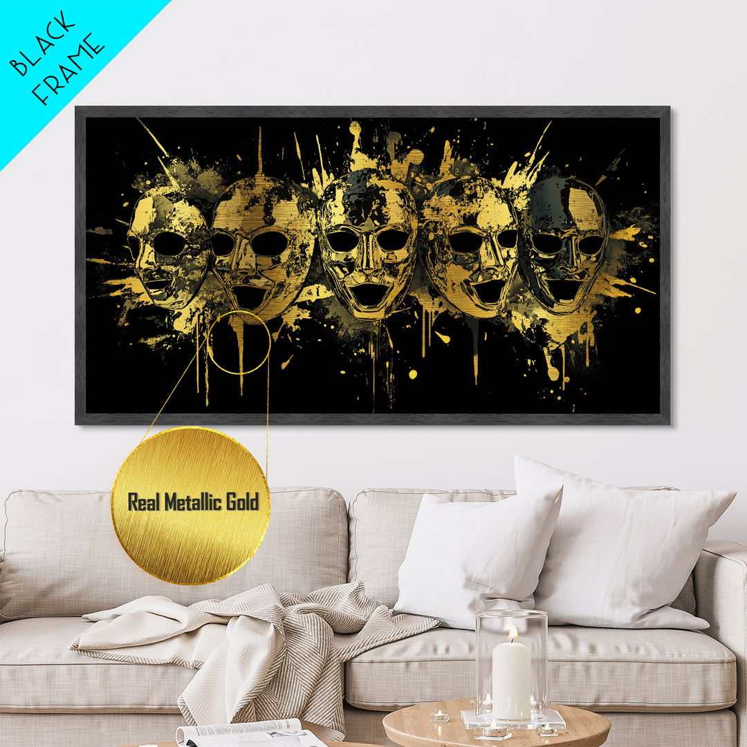 Theatrical Comedy Mask Metallic Gold Metal Print, Splatter Dramatic Art On Metal, Real Wood Frame Wall Décor, Gothic Statement Artwork