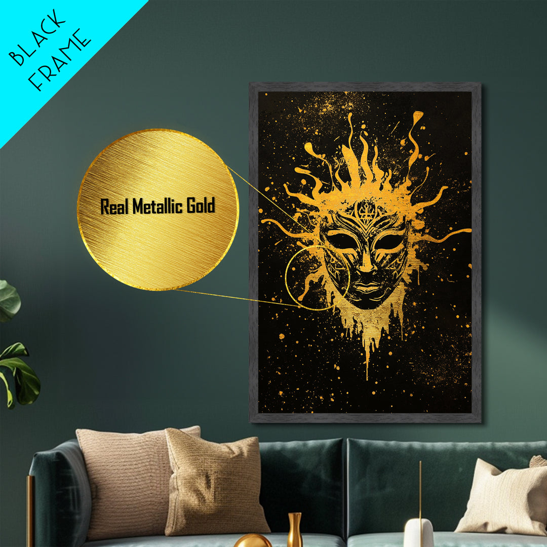 Mystical Tribal Mask Metallic Gold Metal Print, Abstract Face Art, Splatter Style Wall Decor, Real Wood Frame