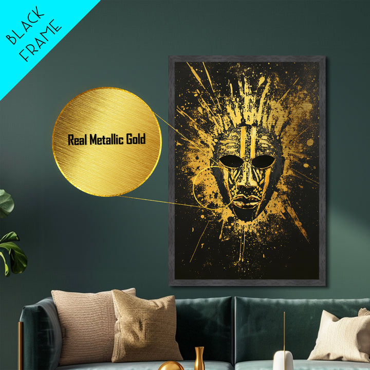 Sacred Tribal Mask Metallic Gold Metal Print, Modern Ethnic Face Art, Spiritual Wall Decor, Real Wood Frame