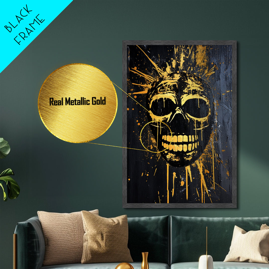 Golden Skull Mask Metallic Gold Metal Print, Dark Gothic Face Art, Horror Splatter Wall Decor, Real Wood Frame