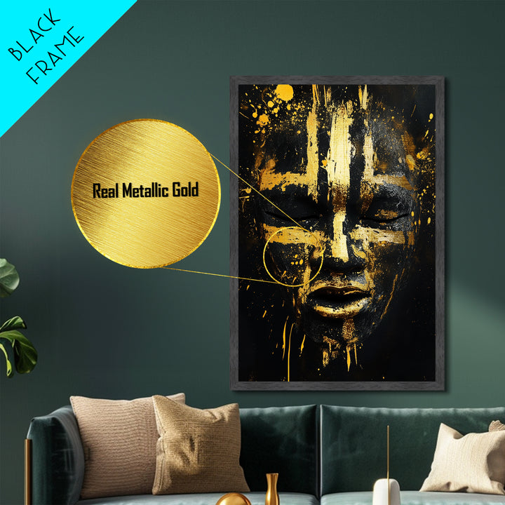 Abstract Painted Mask Metallic Gold Metal Print, Tribal Face Art, Bold Modern Wall Decor, Real Wood Frame