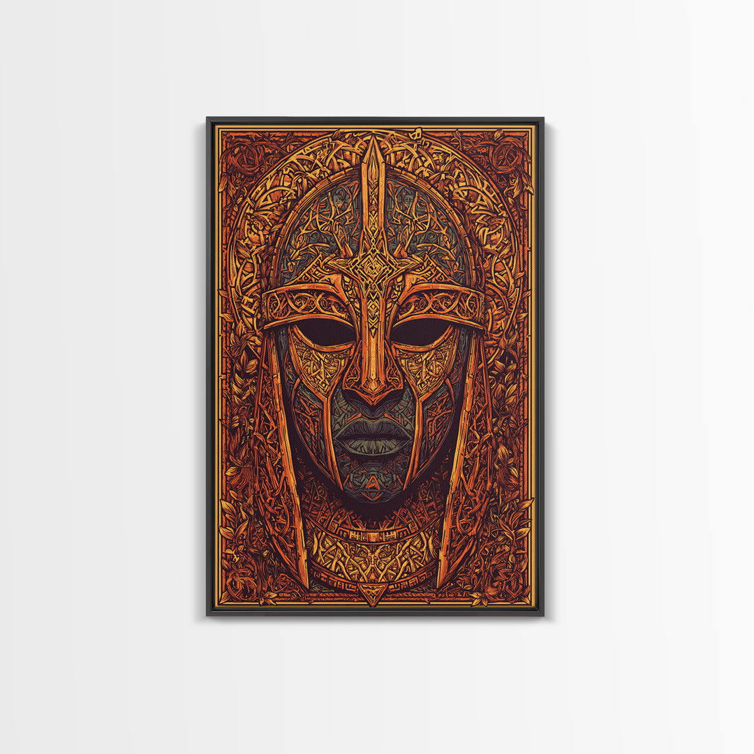 Celtic Warrior Mask Gold Canvas Print, Ornate Medieval Armor Face Art, Mythic Wall Decor, Real Wood Frame