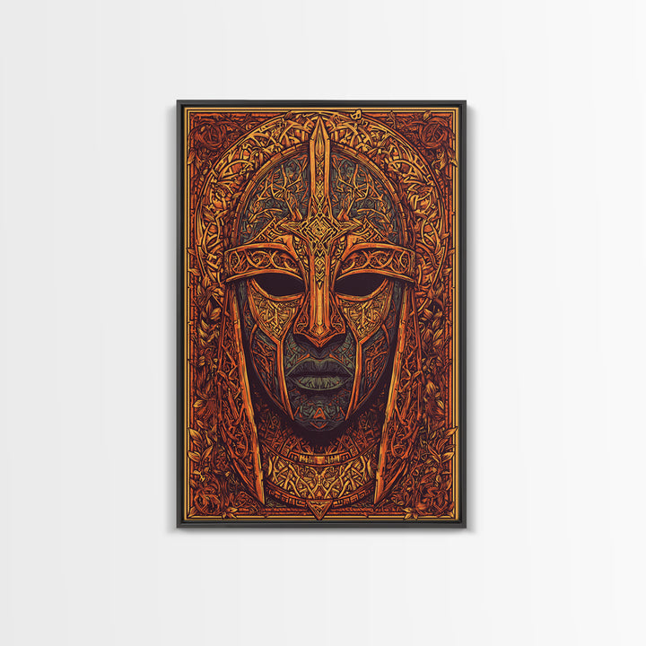 Celtic Warrior Mask Gold Canvas Print, Ornate Medieval Armor Face Art, Mythic Wall Decor, Real Wood Frame