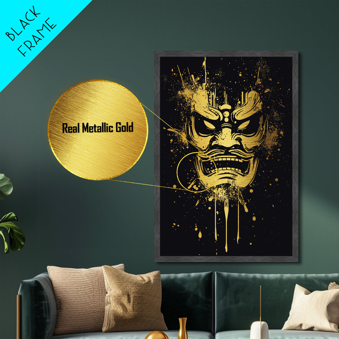Samurai Oni Mask Metallic Gold Metal Print, Japanese Demon Face Art, Splatter Ink Wall Decor, Real Wood Frame