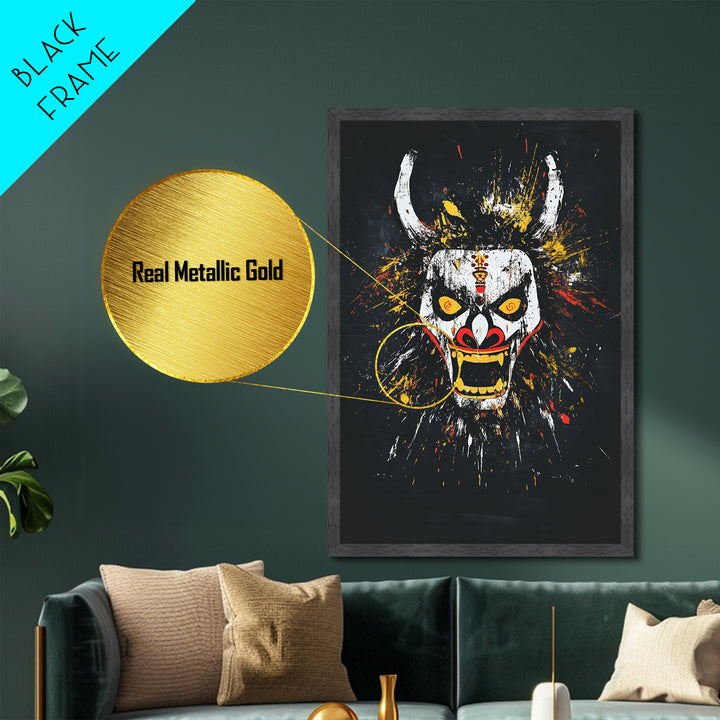 Fiery Demon Mask Metallic Gold Metal Print, Japanese Oni Face Art, Tribal Splatter Style Wall Decor, Real Wood Frame