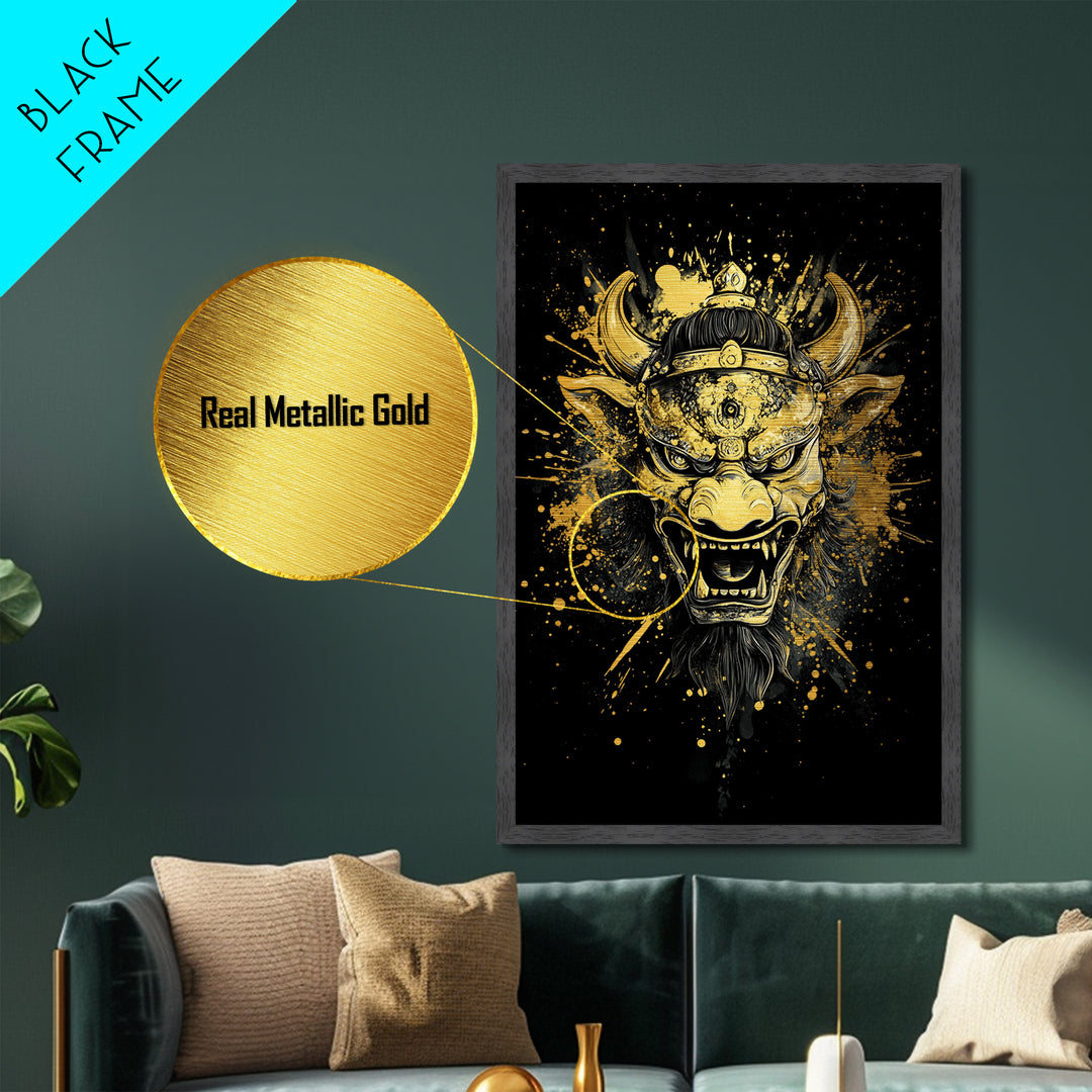 Fierce Demon Mask Metallic Gold Metal Print, Mythical Beast Face Art, Splatter Style Wall Decor, Real Wood Frame