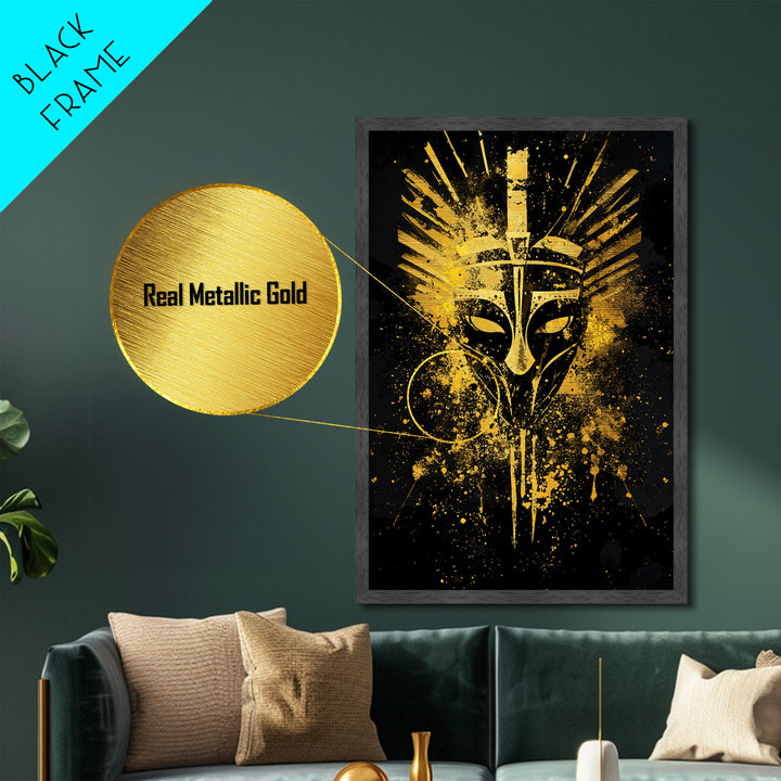 Ancient Warrior Mask Metallic Gold Metal Print, Bold Tribal Face Art, Splatter Ink Wall Decor, Real Wood Frame