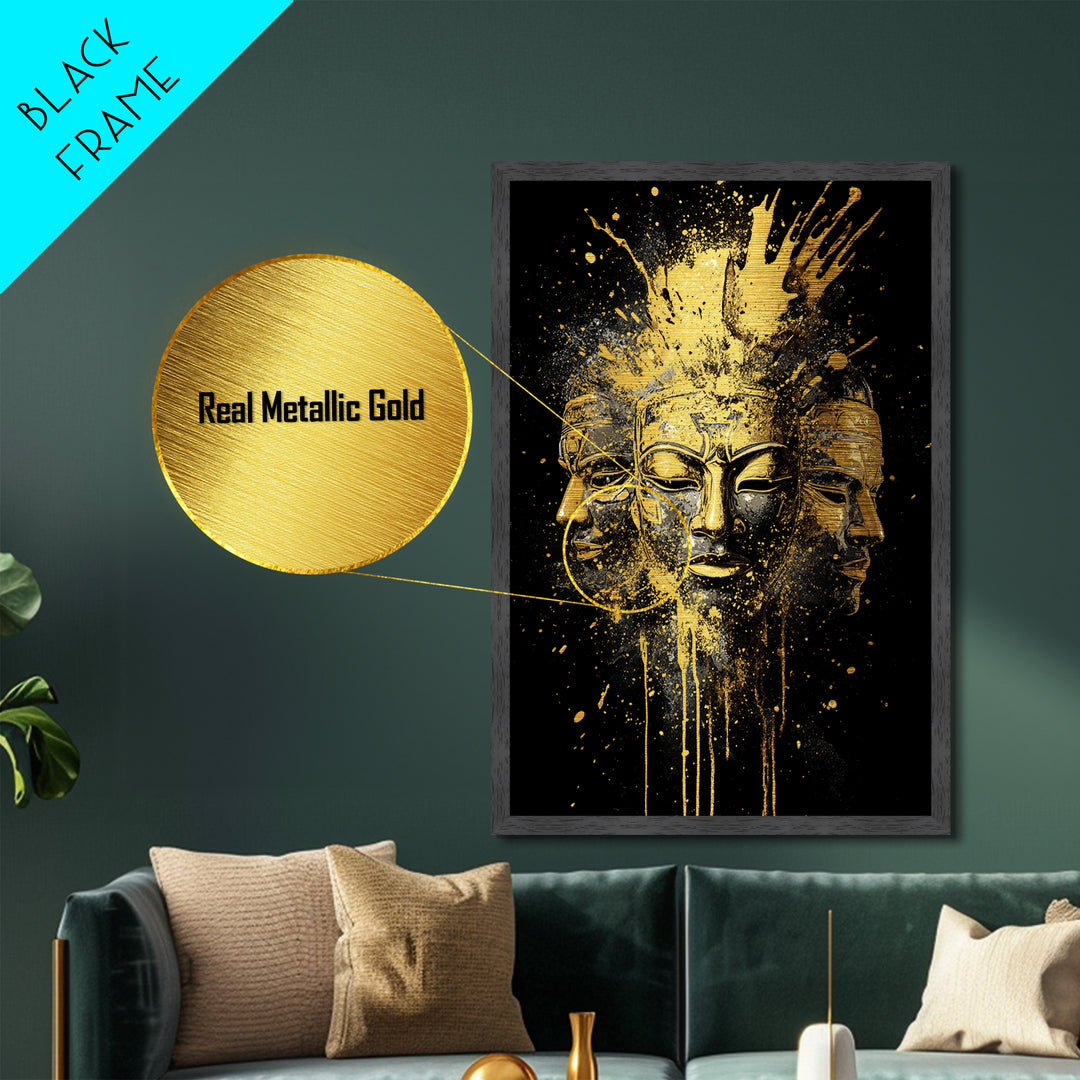 Three Faces Mask Metallic Gold Metal Print, Abstract Spiritual Face Art, Splatter Style Wall Decor, Real Wood Frame