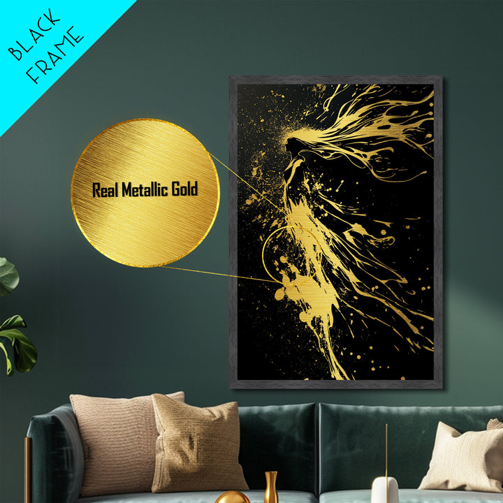 Golden Spirit Woman Metallic Gold Art, Flowing Abstract Female Silhouette, Modern Splatter Wall Decor, Real Wood Frame