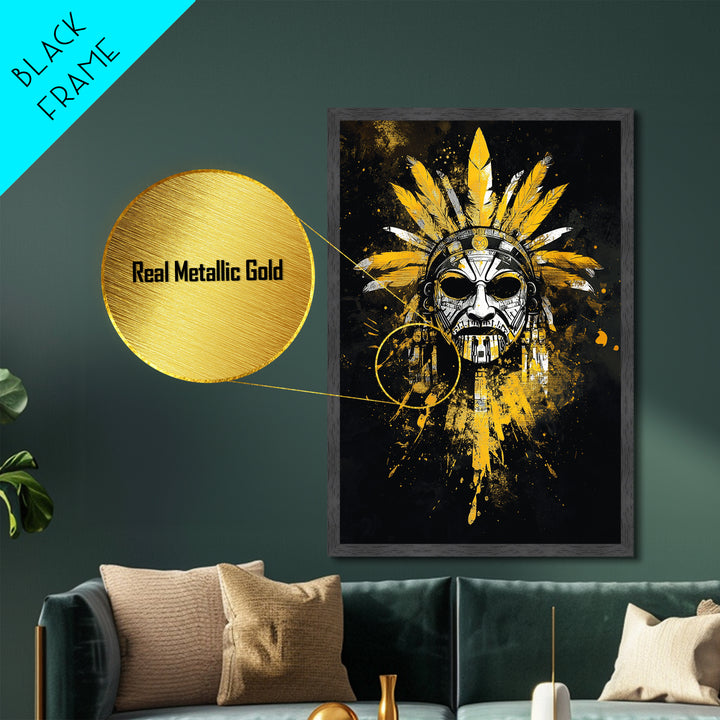 Aztec Skull Mask Metallic Gold Metal Print, Ancient Tribal Face Art, Bold Splatter Style Wall Decor, Real Wood Frame