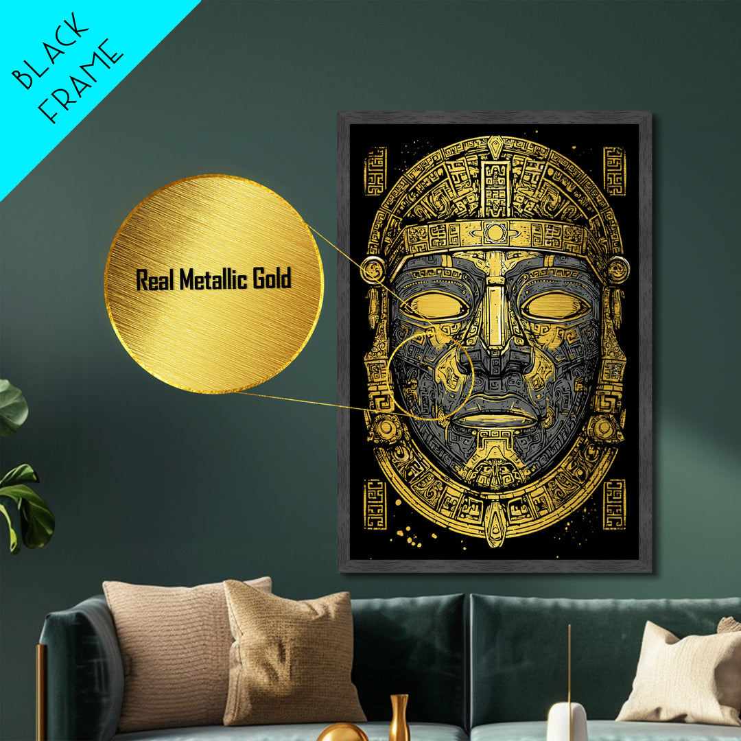 Aztec Warrior Sun Mask Metallic Gold Metal Print, Ornate Tribal Face Artwork, Ancient Ethnic Wall Decor, Real Wood Frame