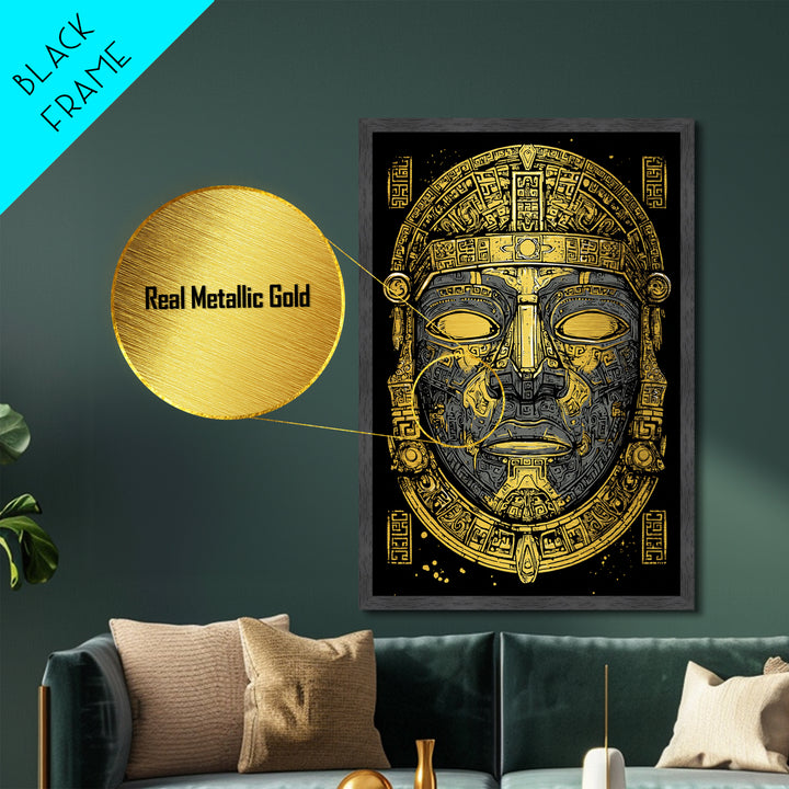 Aztec Warrior Sun Mask Metallic Gold Metal Print, Ornate Tribal Face Artwork, Ancient Ethnic Wall Decor, Real Wood Frame