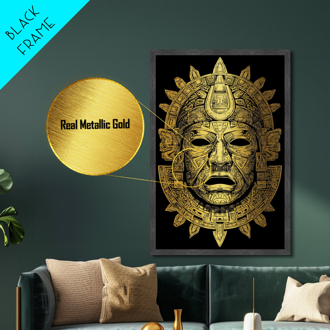 Aztec Deity Mask Metallic Gold Metal Print, Ornate Tribal Face Artwork, Ancient Cultural Wall Hanging, Real Wood Frame