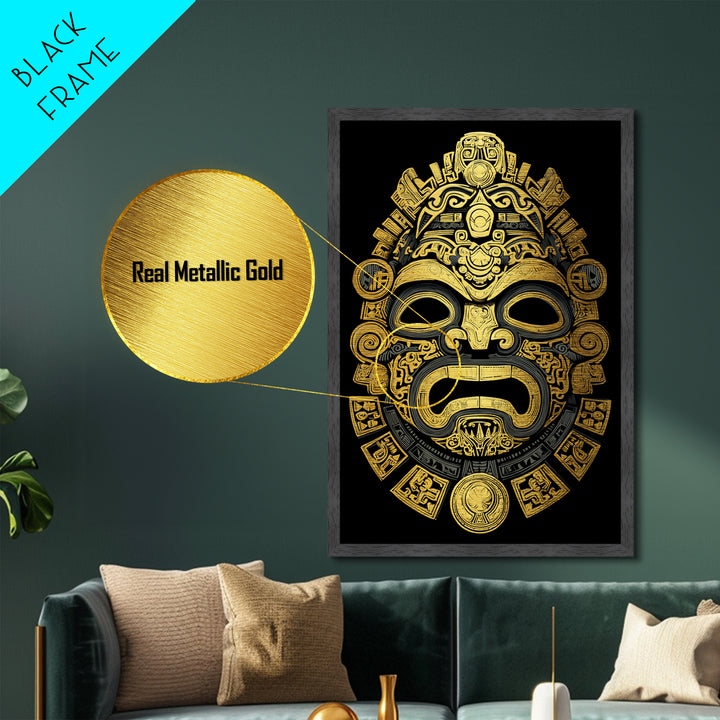 Aztec Feathered God Mask Metallic Gold Metal Print, Ornate Tribal Face Artwork, Ancient Ethnic Wall Decor, Real Wood Frame