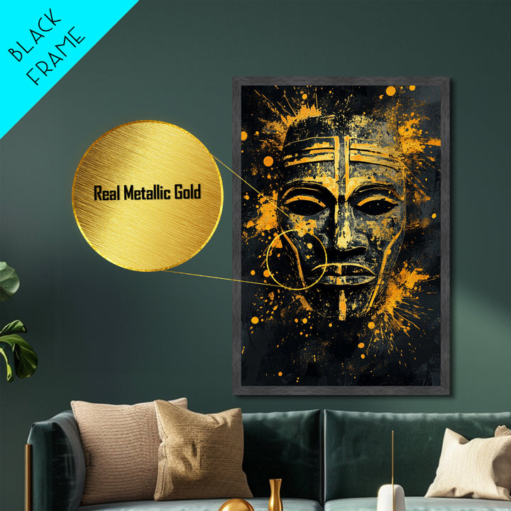 Bakongo Ritual Mask Metallic Gold Metal Print, African Ethnic Face Art, Spiritual Tribal Wall Hanging Decor, Real Wood Frame