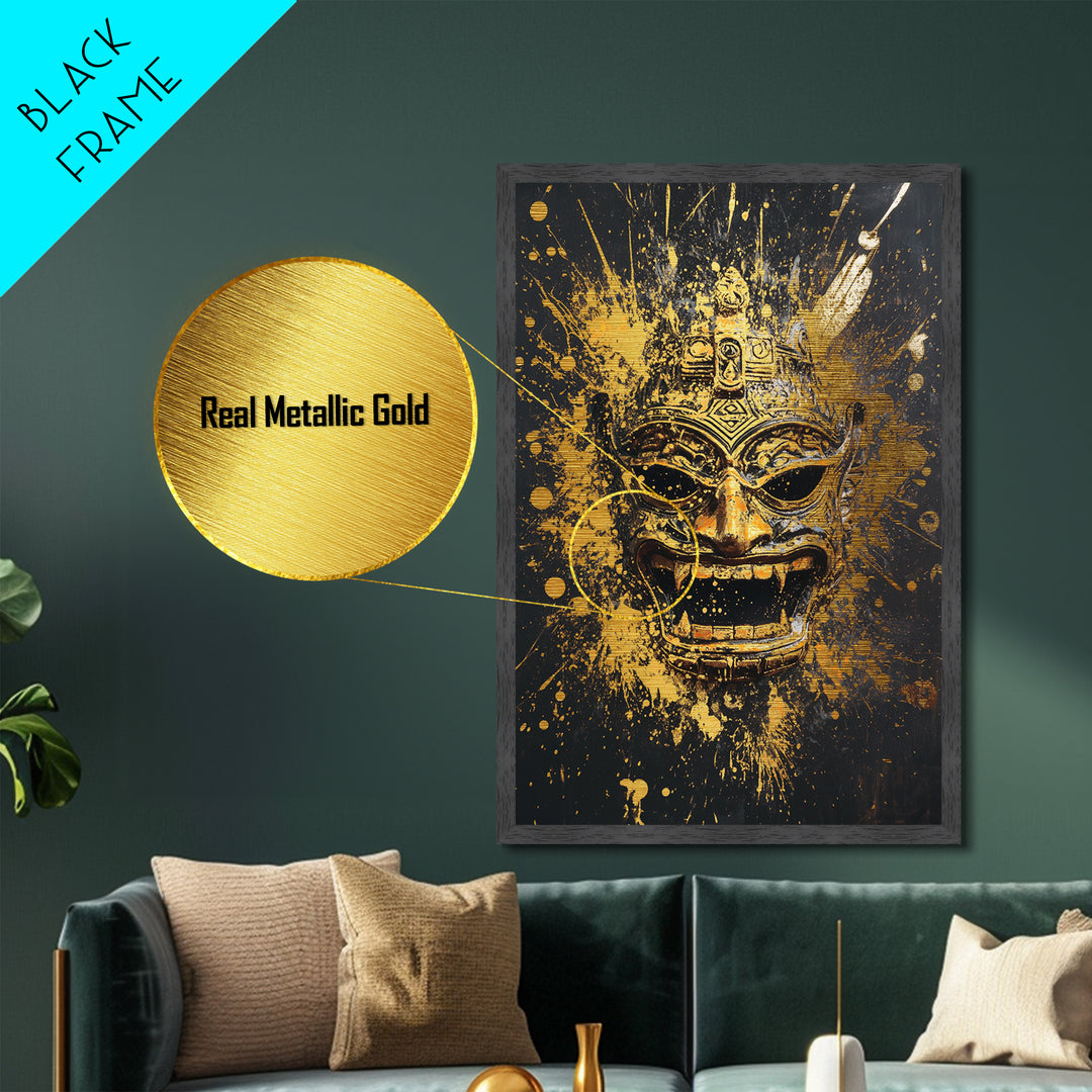 Balinese Demon Mask Metallic Gold Metal Print, Ornate Tribal Face Art, Mythical Splatter Style Wall Decor, Real Wood Frame