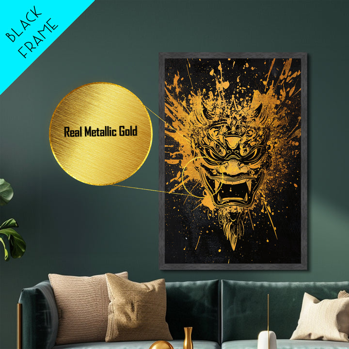 Balinese Spirit Mask Metallic Gold Metal Print, Ornate Tribal Face Artwork, Cultural Mythic Wall Decor, Real Wood Frame