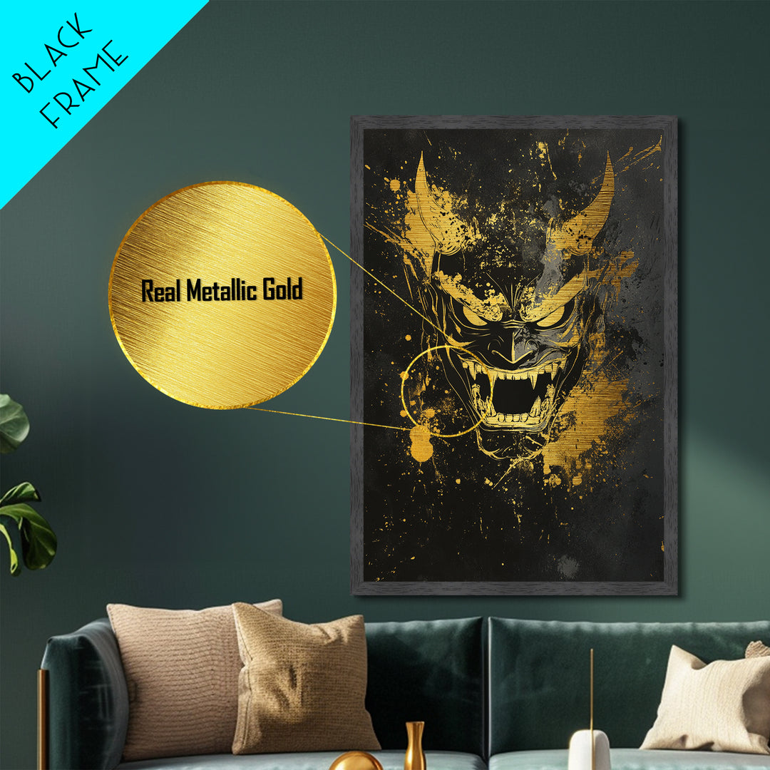 Oni Demon Mask Metallic Gold Metal Print, Japanese Inspired Splatter Artwork, Fierce Mythical Wall Decor, Real Wood Frame