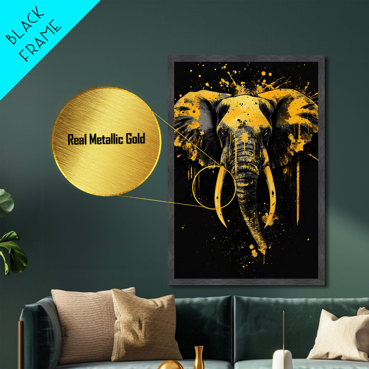 Elephant Head Metallic Gold Metal Print, Splatter Style Wildlife Artwork, Majestic Animal Wall Decor, Real Wood Frame