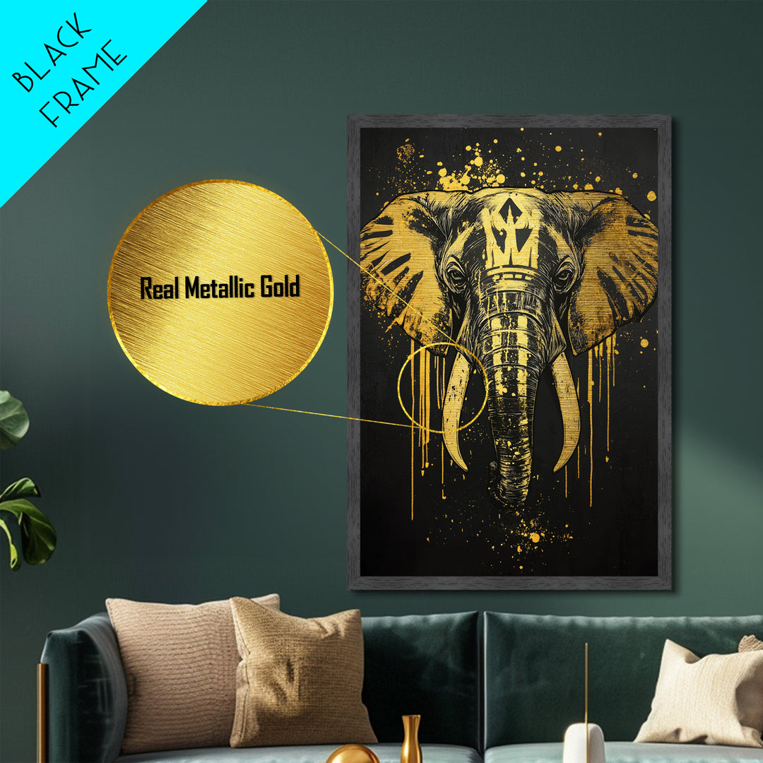 Royal Elephant Metallic Gold Metal Print, Splatter Style Tribal Artwork, Majestic Animal Wall Decor, Real Wood Frame