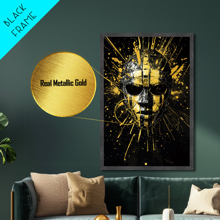 Ancient Warrior Mask Metallic Gold Metal Print, Ornate Tribal Face Artwork, Bold Splatter Style Wall Decor, Real Wood Frame