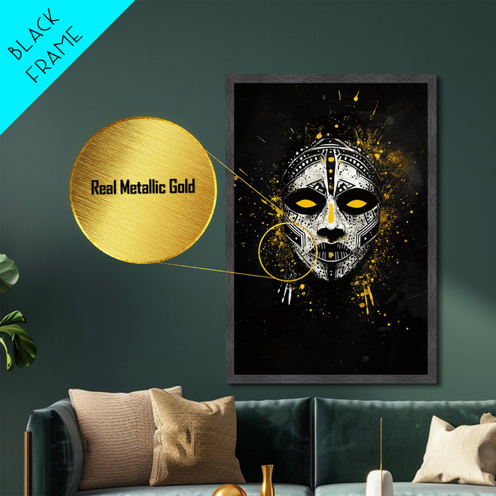 Tribal Painted Mask Metallic Gold Metal Print, Ethnic Face Artwork, Bold Splatter Ink Wall Hanging Decor, Real Wood Frame