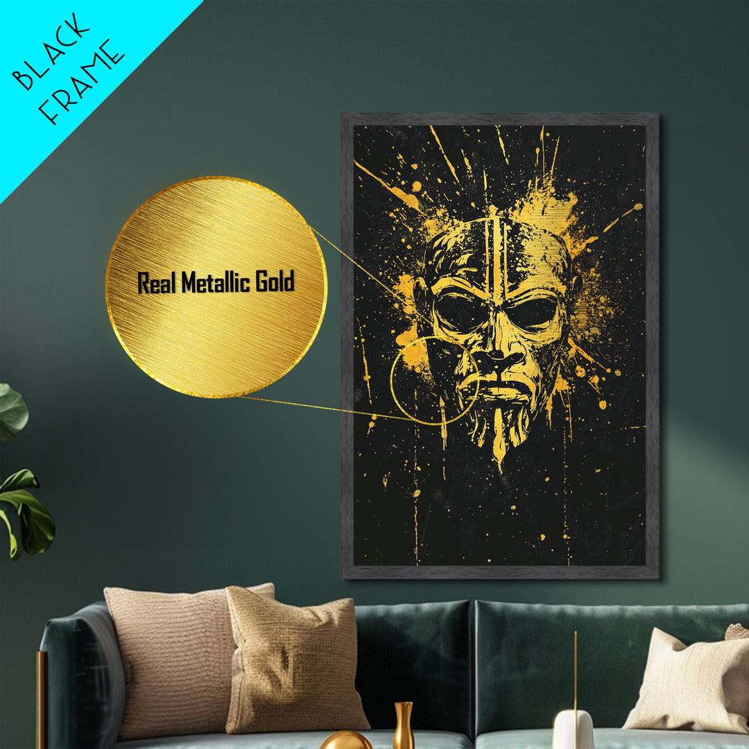 Batak Tribal Mask Metallic Gold Metal Print, Ornate Ethnic Face Artwork, Ancient Cultural Wall Hanging Decor, Real Wood Frame