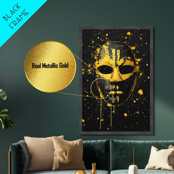 Abstract Splatter Mask Metallic Gold Metal Print, Tribal Face Wall Art, Bold Modern Mask Artwork, Real Wood Frame Home Decor