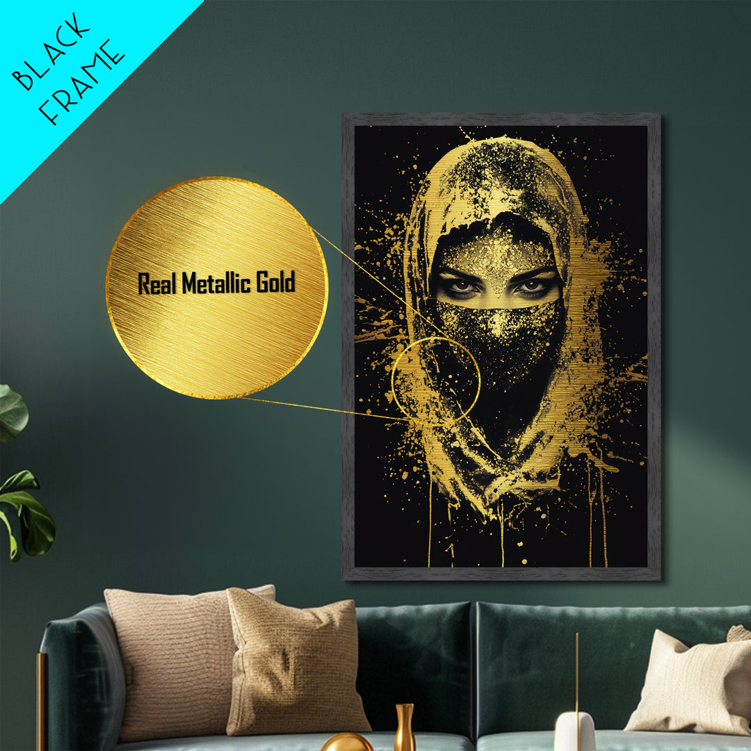 Mystical Veiled Woman Metallic Gold Metal Print, Splatter Style Portrait Art, Ethereal Female Artwork, Real Wood Frame Wall Decor