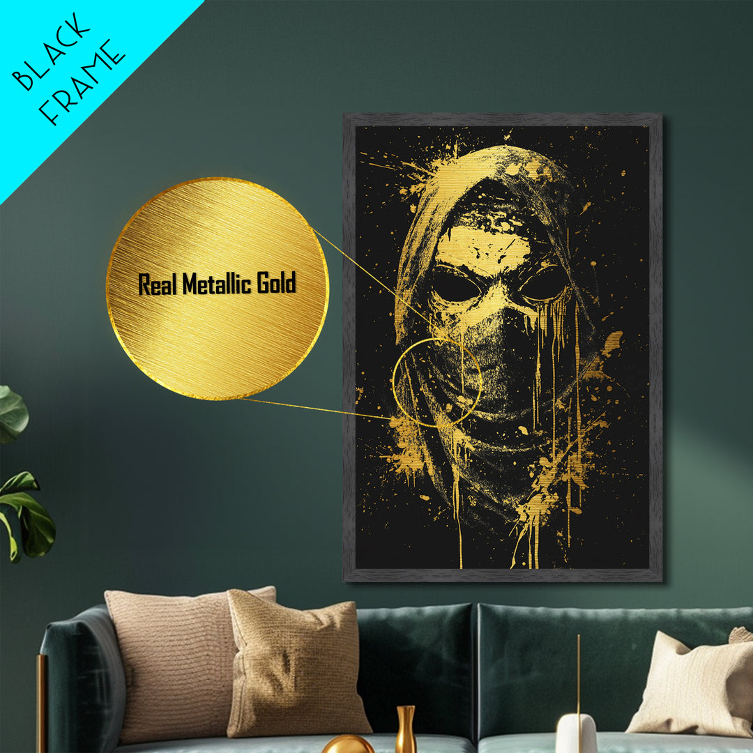 Hooded Tribal Figure Metallic Gold Metal Print, Splatter Style Mask Art, Spiritual Warrior Artwork, Real Wood Frame Bold Wall Decor