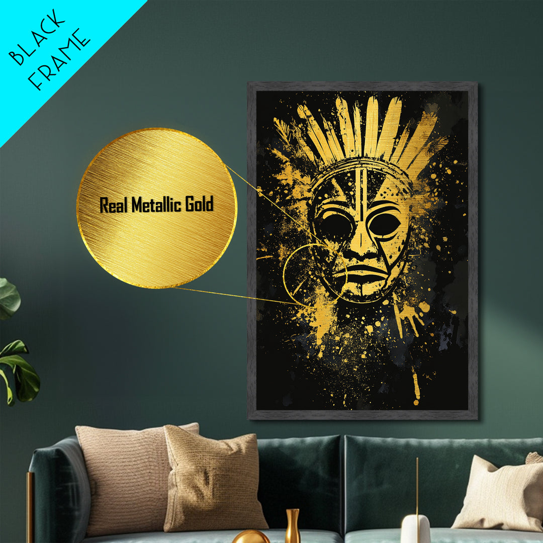 Feathered Tribal Mask Metallic Gold Metal Print, Ancestral Face Art, Splatter Style Ethnic Wall Hanging, Real Wood Frame Artwork