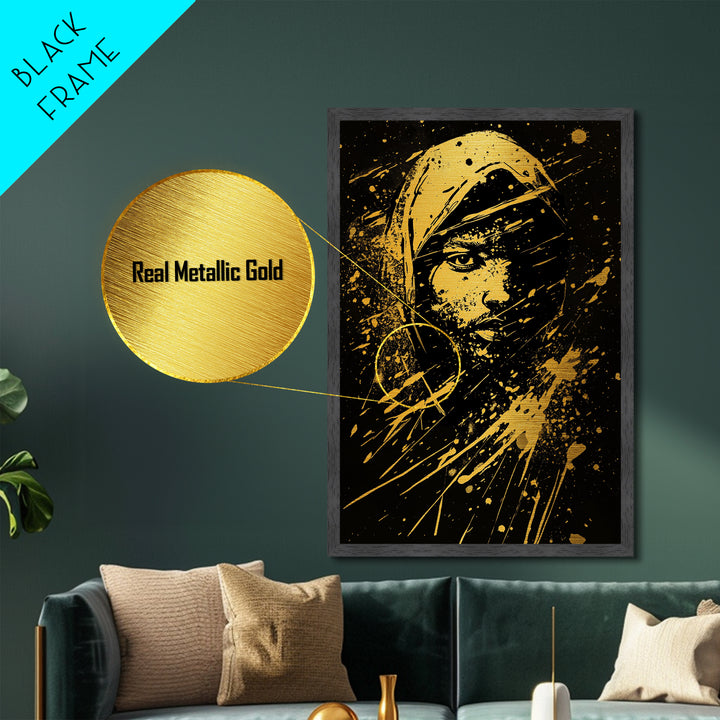 Golden Veiled Portrait Metallic Gold Metal Print, Abstract Female Art, Splatter Style Ethereal Face Artwork, Real Wood Frame Decor