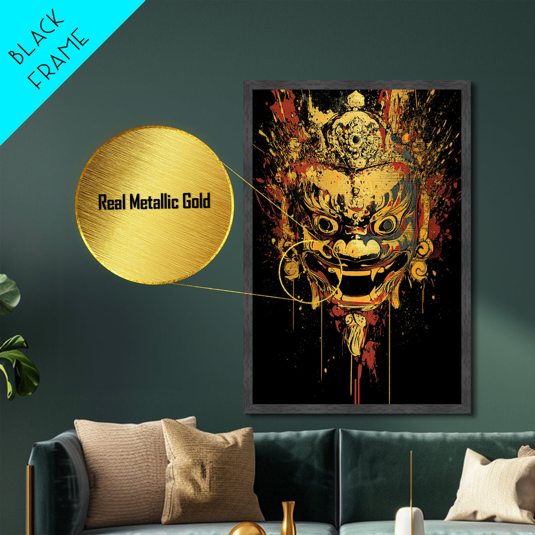 Fierce Mythic Mask Metallic Gold Metal Print, Splatter Style Tribal Face Art, Bold Ancestral Artwork, Real Wood Frame Wall Hanging