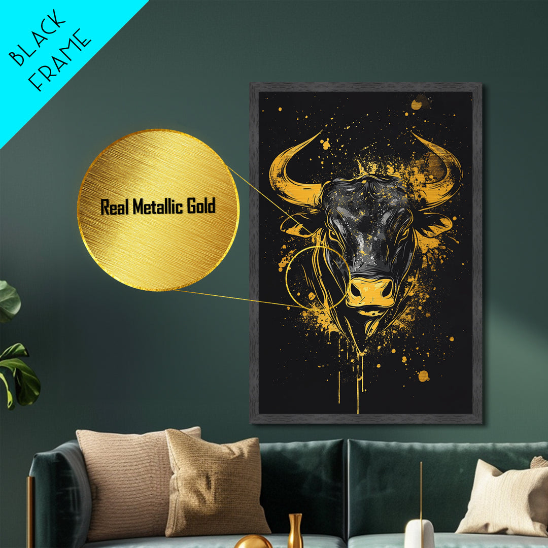 Powerful Bull Head Metallic Gold Metal Print, Abstract Splatter Animal Art, Bold Strength Symbol Artwork, Real Wood Frame Wall Decor