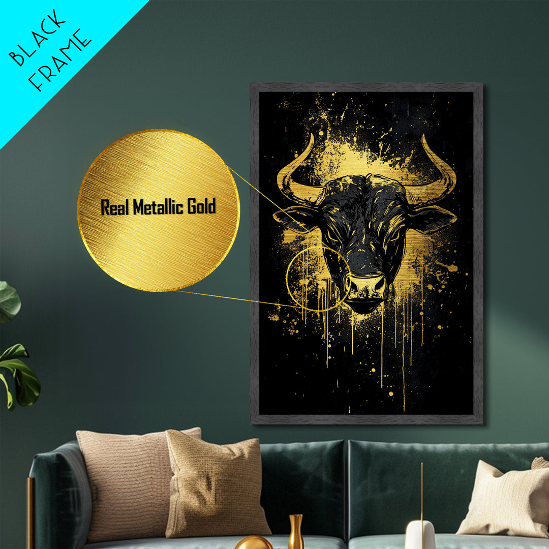 Majestic Bull Portrait Metallic Gold Metal Print, Tribal Splatter Animal Artwork, Strong Symbolic Wall Art, Real Wood Frame Decor