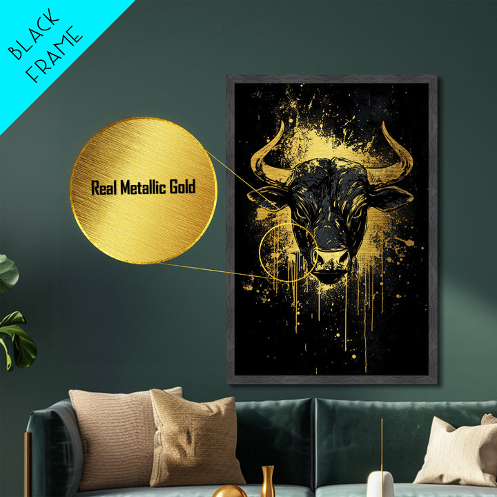Majestic Bull Portrait Metallic Gold Metal Print, Tribal Splatter Animal Artwork, Strong Symbolic Wall Art, Real Wood Frame Decor