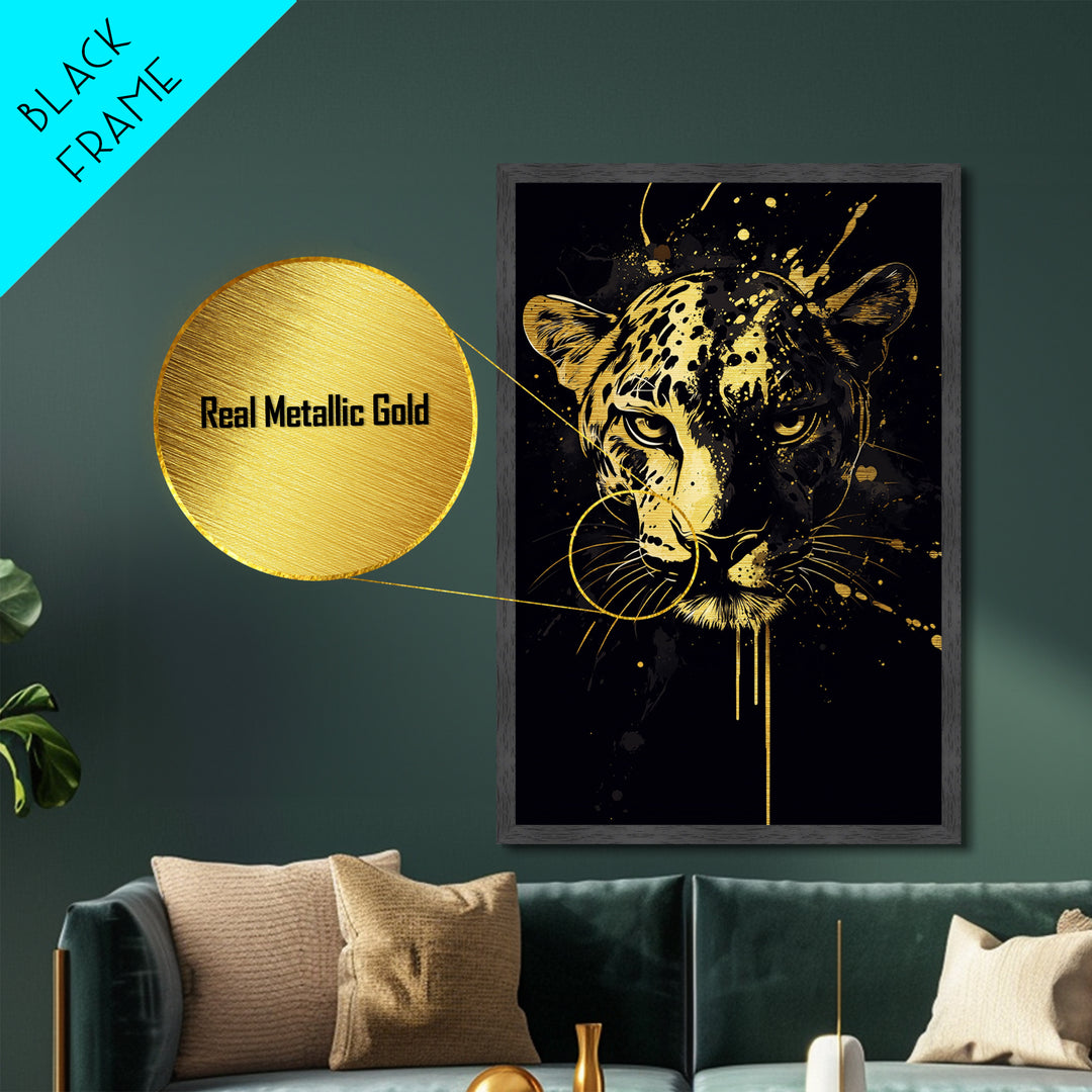 Wild Leopard Face Metallic Gold Metal Print, Bold Animal Portrait Art, Tribal Splatter Style Wall Artwork, Real Wood Frame Home Decor
