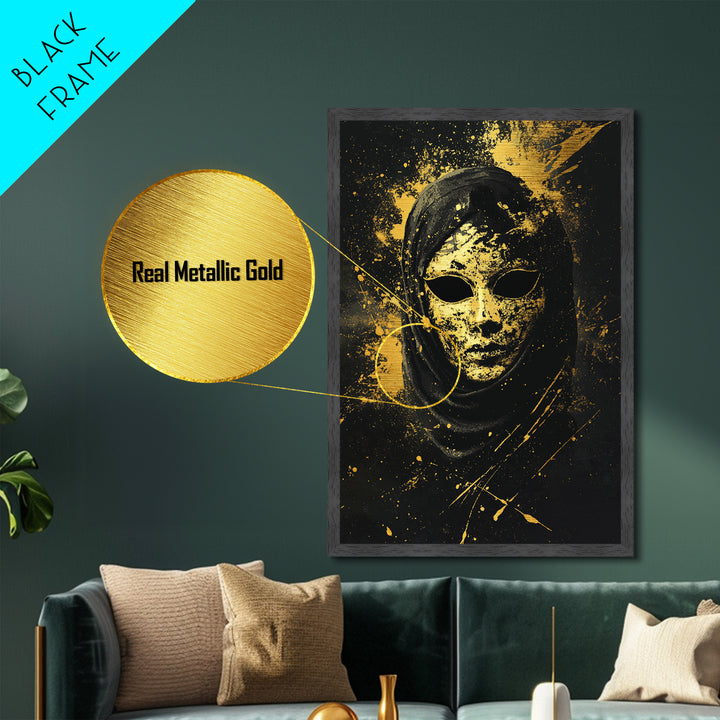 Mysterious Veiled Mask Metallic Gold Metal Print, Splatter Style Female Portrait, Abstract Ethereal Face Artwork, Real Wood Frame Decor