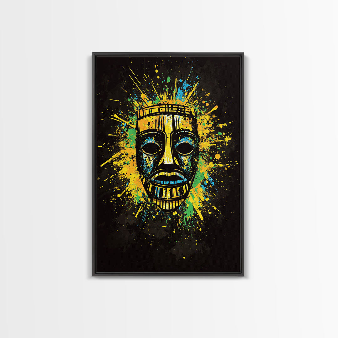 Vibrant Tribal Mask Gold Canvas Art, Ethnic Splatter Style Face Print, Colorful Abstract Wall Decor, Real Wood Frame