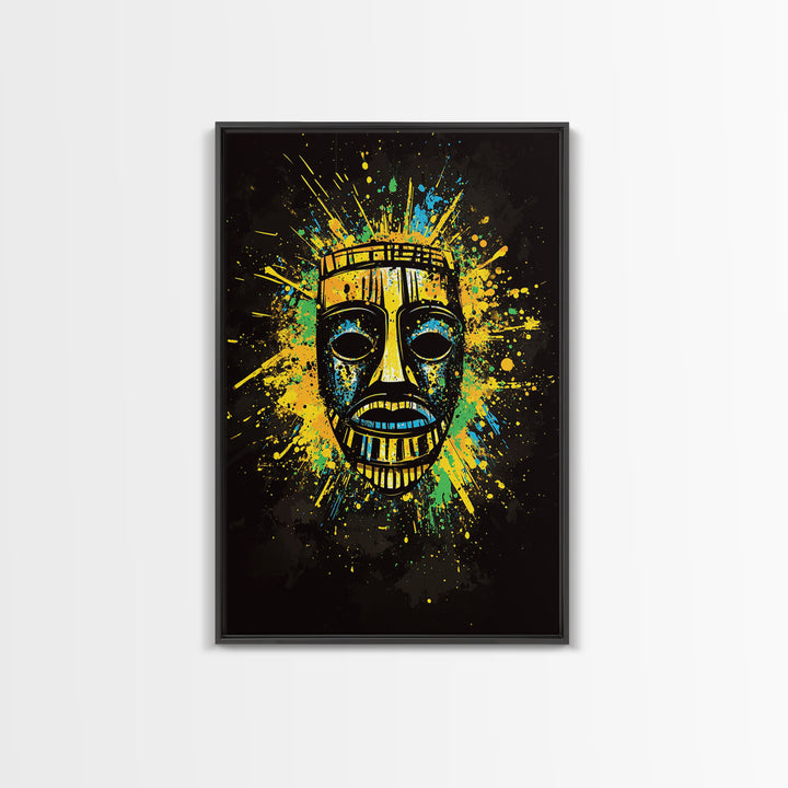 Vibrant Tribal Mask Gold Canvas Art, Ethnic Splatter Style Face Print, Colorful Abstract Wall Decor, Real Wood Frame