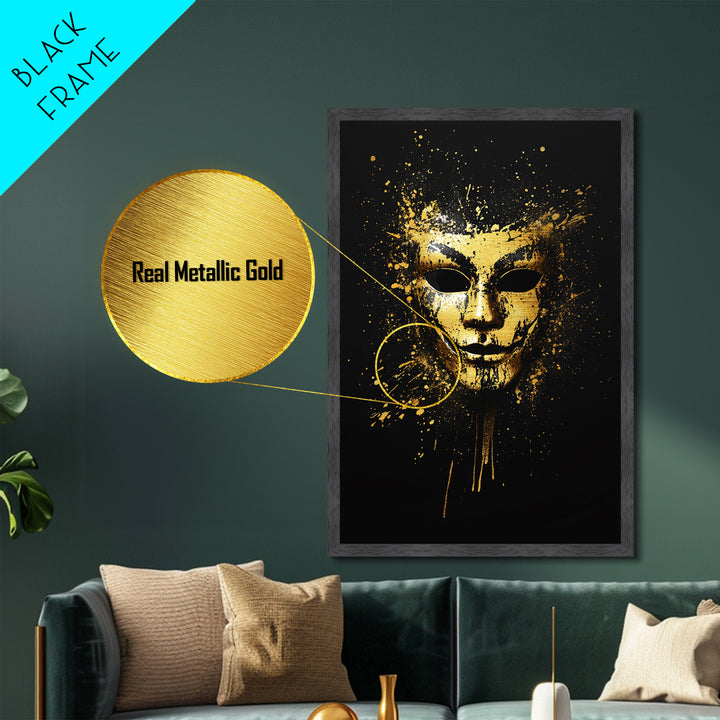 Abstract Painted Mask Metallic Gold Metal Print, Modern Face Art, Bold Splatter Style Wall Decoration, Real Wood Frame
