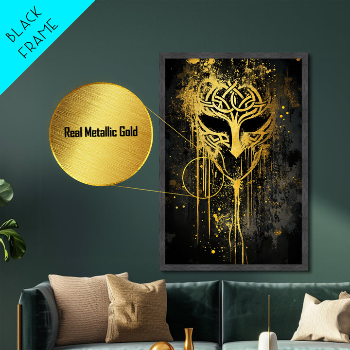 Celtic Knot Mask Metallic Gold Art, Intricate Tribal Inspired Design, Abstract Splatter Wall Decor, Real Wood Frame