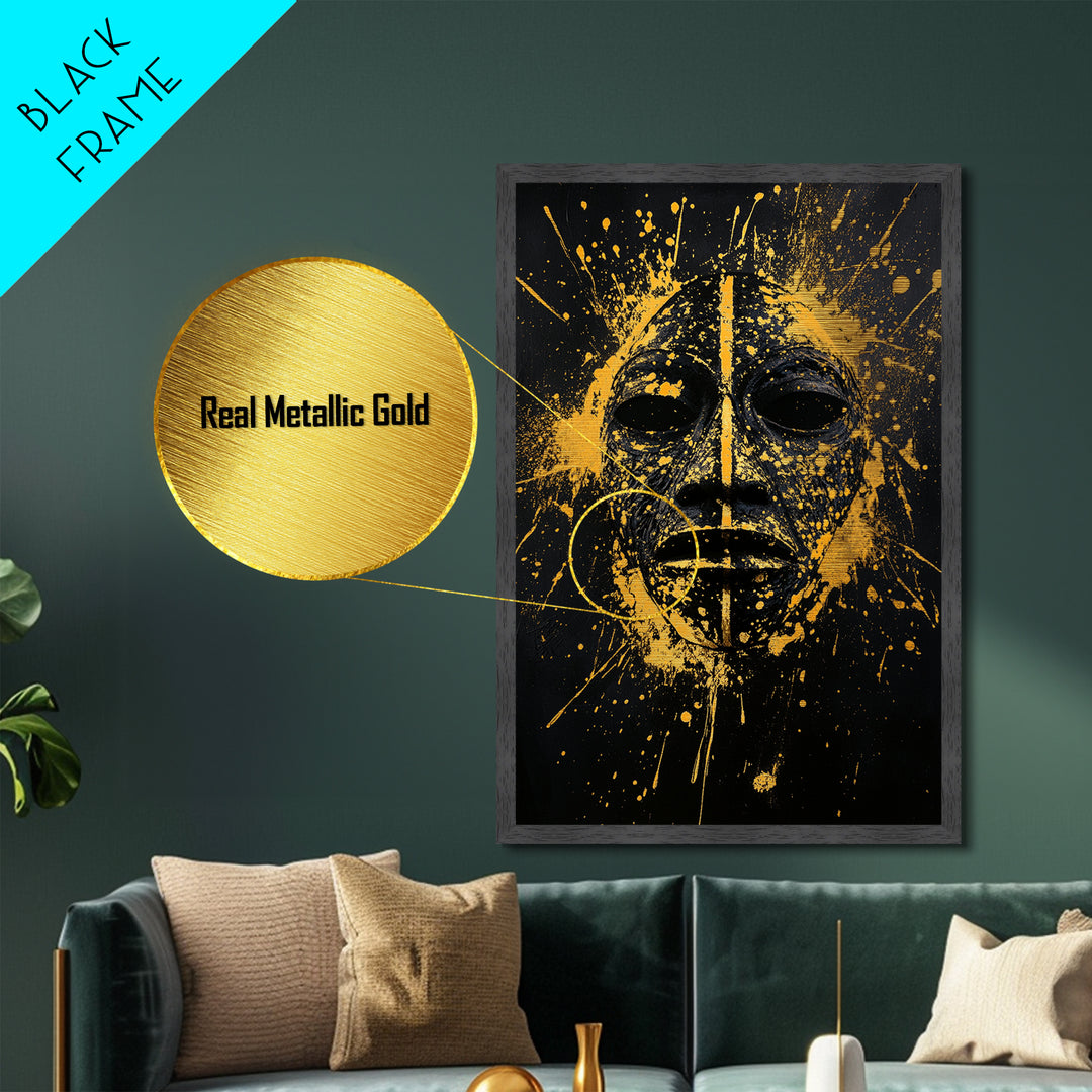 African Tribal Mask Metallic Gold Metal Print, Bold Face Art, Splatter Style Ethnic Wall Decoration, Real Wood Frame